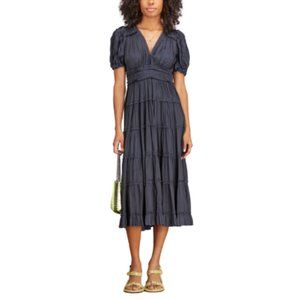 Ulla Johnson Rose Midi Dress Womens 14 Navy Blue VNeck Short Sleeve Tiered Satin